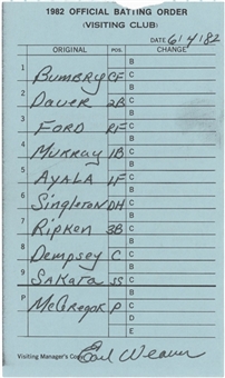 1982 Baltimore Orioles Line Up Card Carbon Copy From June 4, 1982 - Cal Ripken Jr 4th Game of Streak and Rookie Season